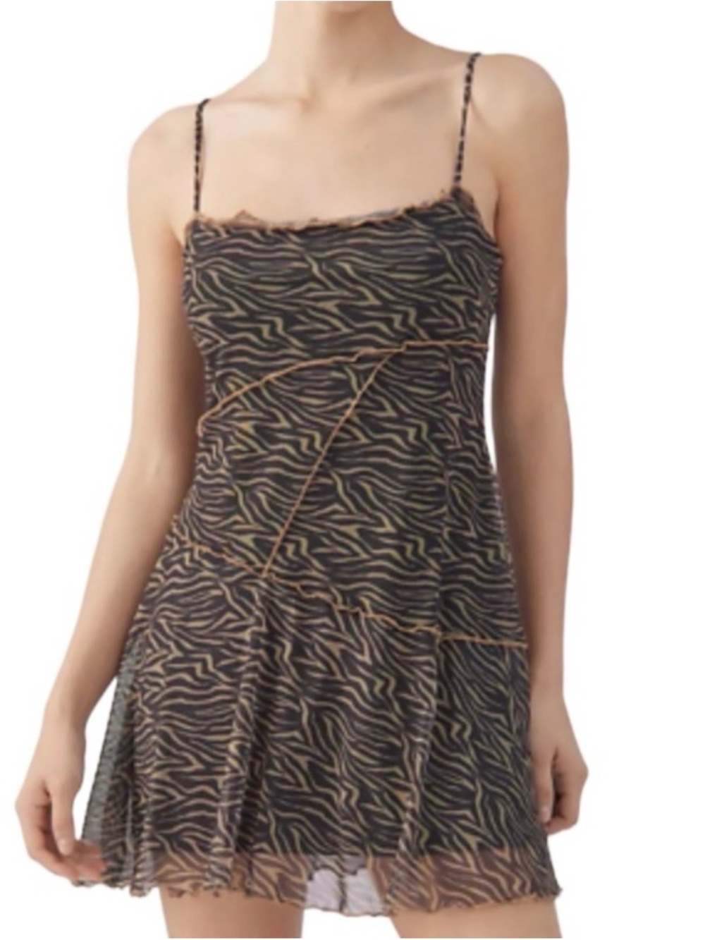 Urban Outfitters Black and Brown Zebra-Print Spaghetti-Strap Mini Dress